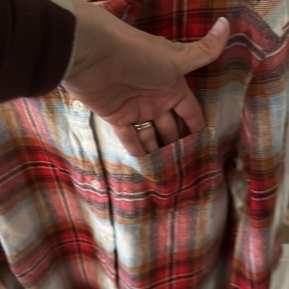 Old Navy Red Plaid Flannel Button Down and Light Orange Ribbed Tie Front Top - Picture 10 of 12